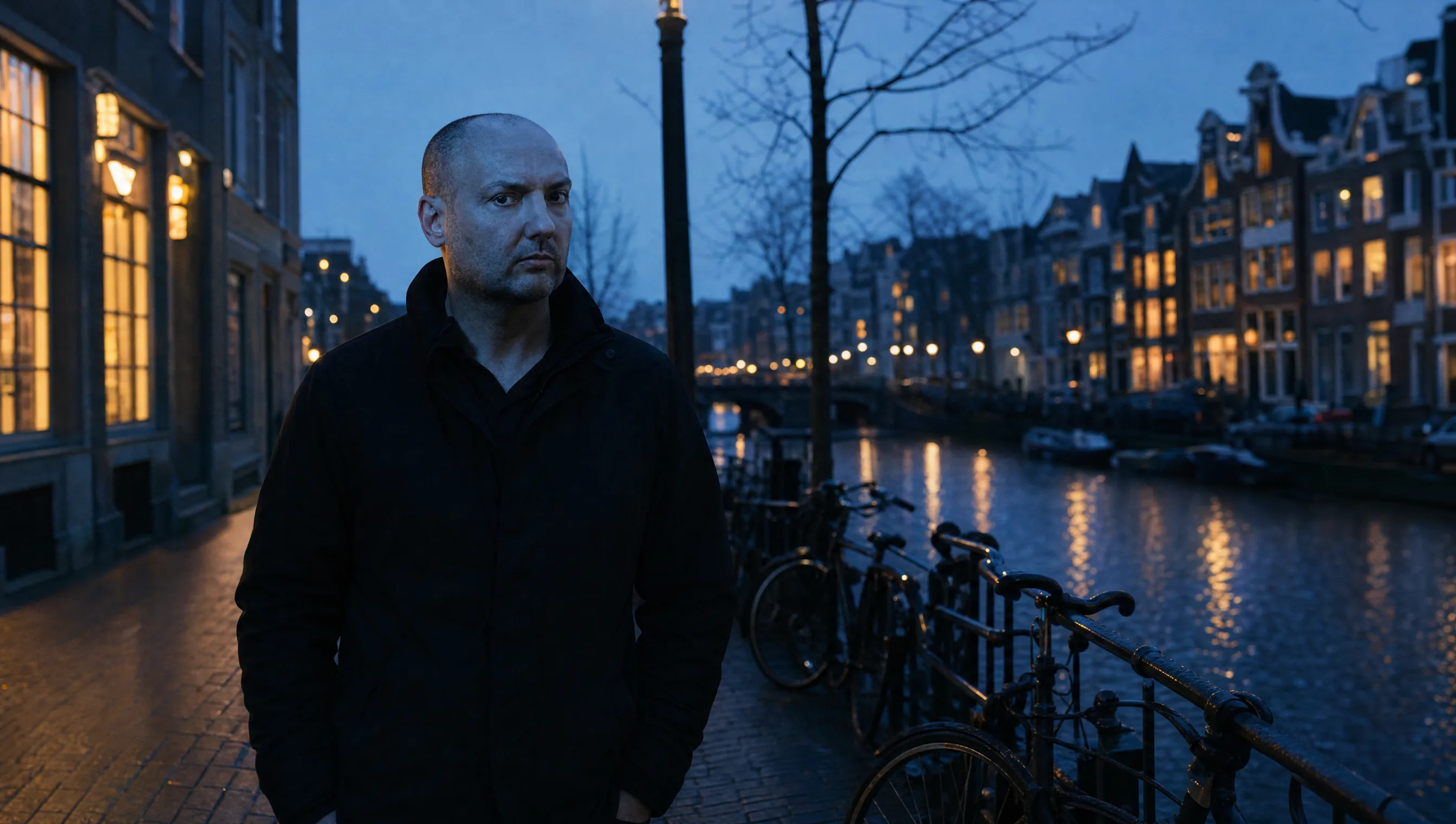 Amsterdam canal at night with warm club lights reflecting off the water