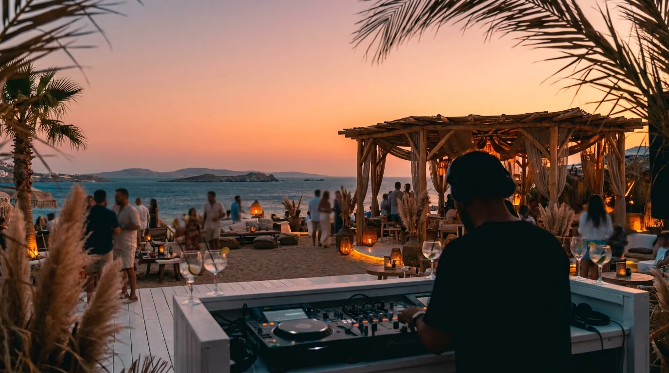 Beach club at golden hour sunset, Afro House atmosphere