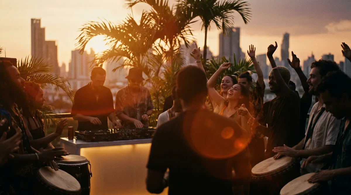 Afro house crowd dancing at golden-hour sunset in Bangkok, Thailand, as the DJ plays