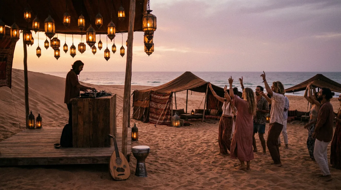 A desert beach-club at sunset with Bedouin-style canopies and a DJ booth, evoking the Arabic and Middle East house listening mood