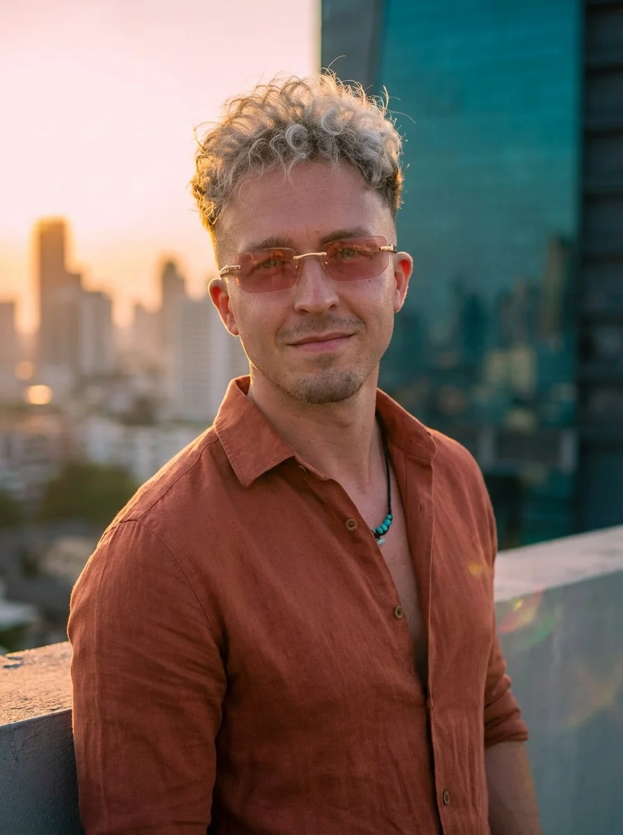 BYAS on a Bangkok rooftop at golden hour, co-founder of Deep House Thailand