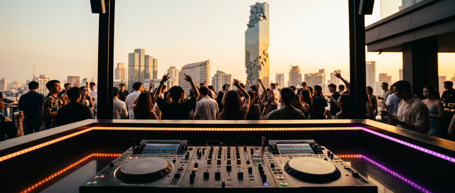 Bangkok rooftop DJ scene at golden hour, the setting for Thailand's house music revolution in 2026