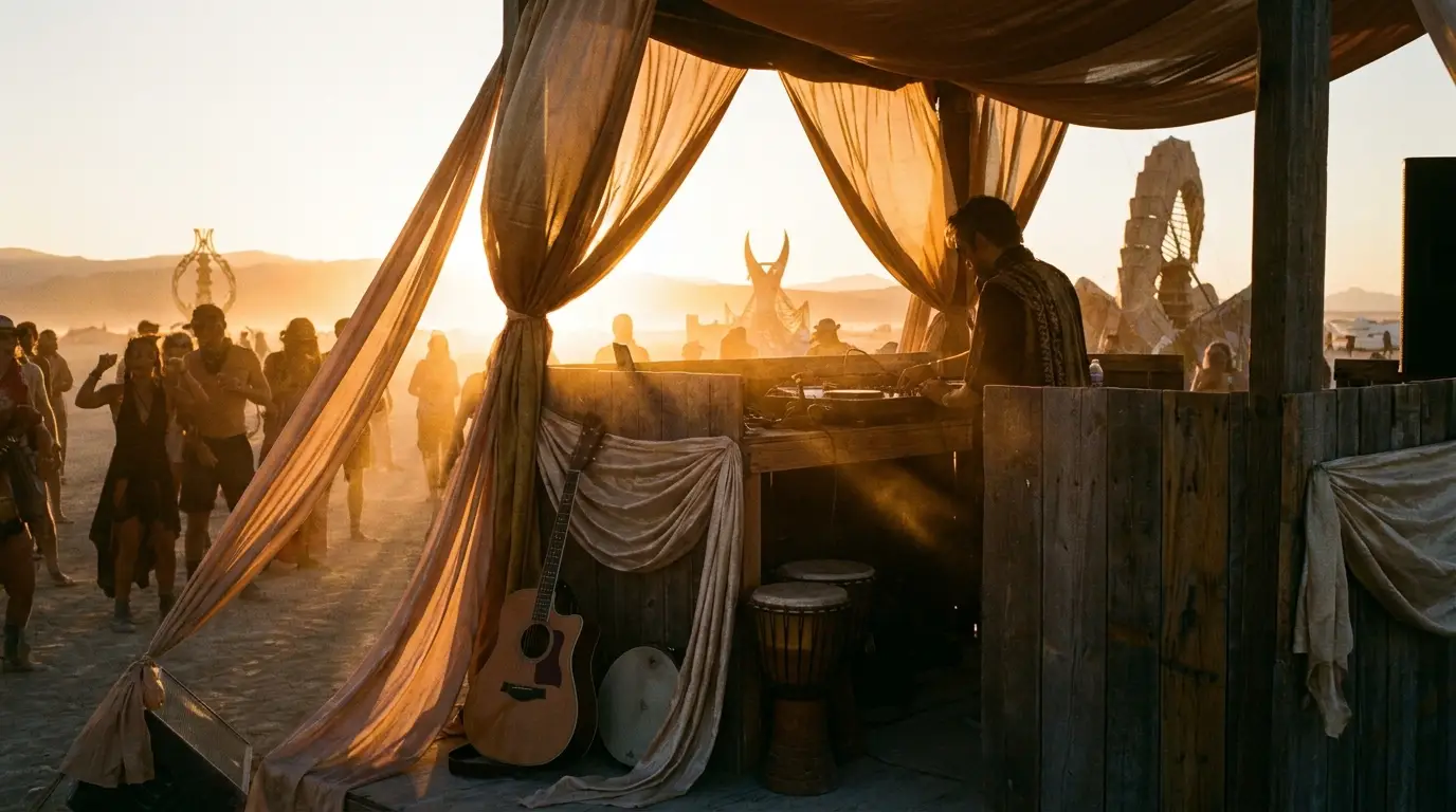 Desert sunset festival scene with DJ booth, acoustic instruments, and golden light — the organic house aesthetic