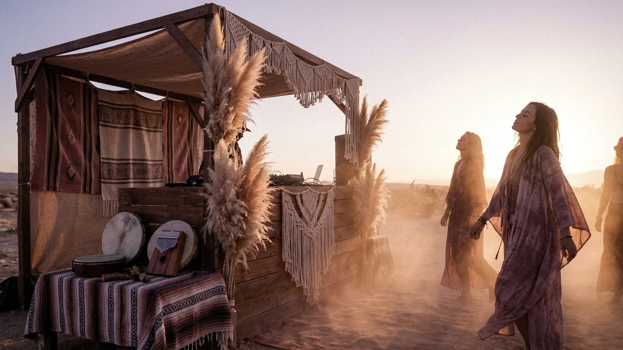 Open-air desert festival dancefloor at golden hour with a wooden DJ booth, hand drums and dried grasses — the organic house aesthetic that lives on SoundCloud.