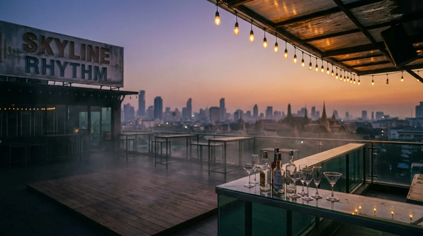 Empty Bangkok rooftop dancefloor at 5AM, purple dawn breaking over a blurred city skyline