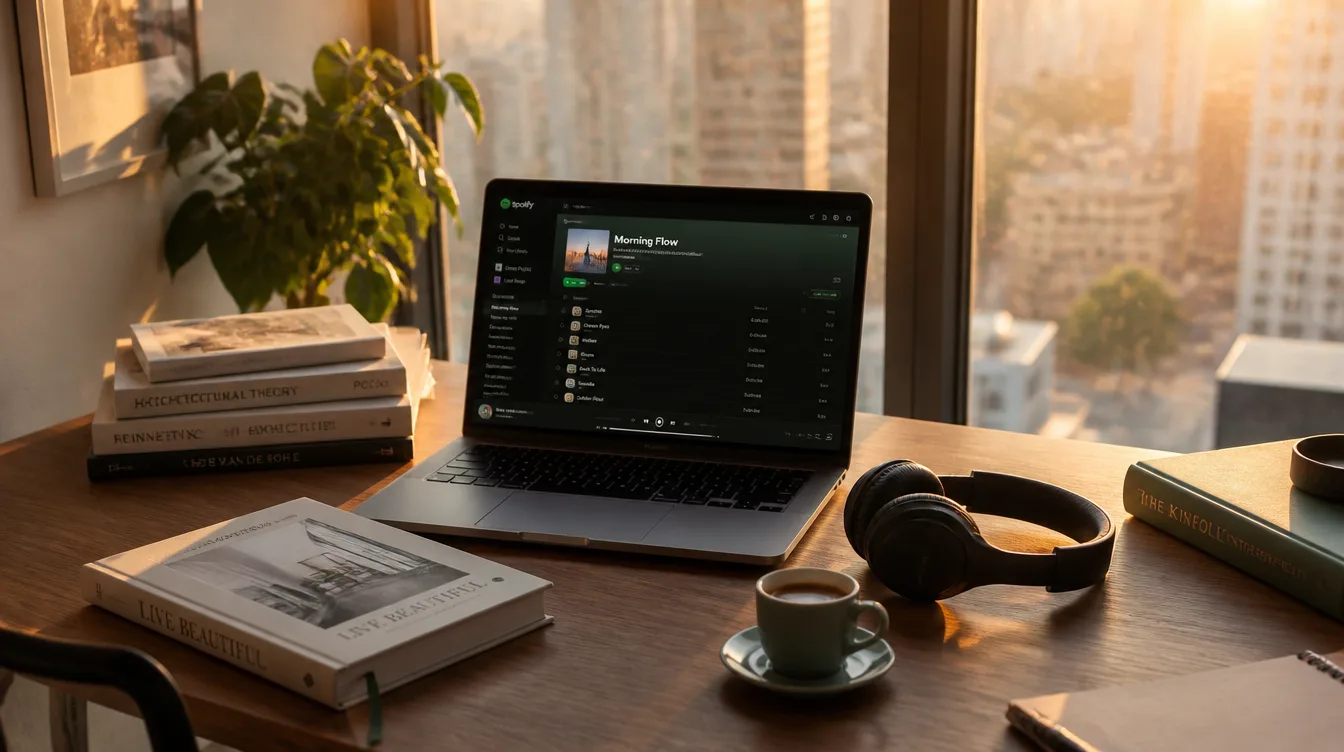 Minimalist study desk with headphones, laptop showing Spotify, and warm morning light
